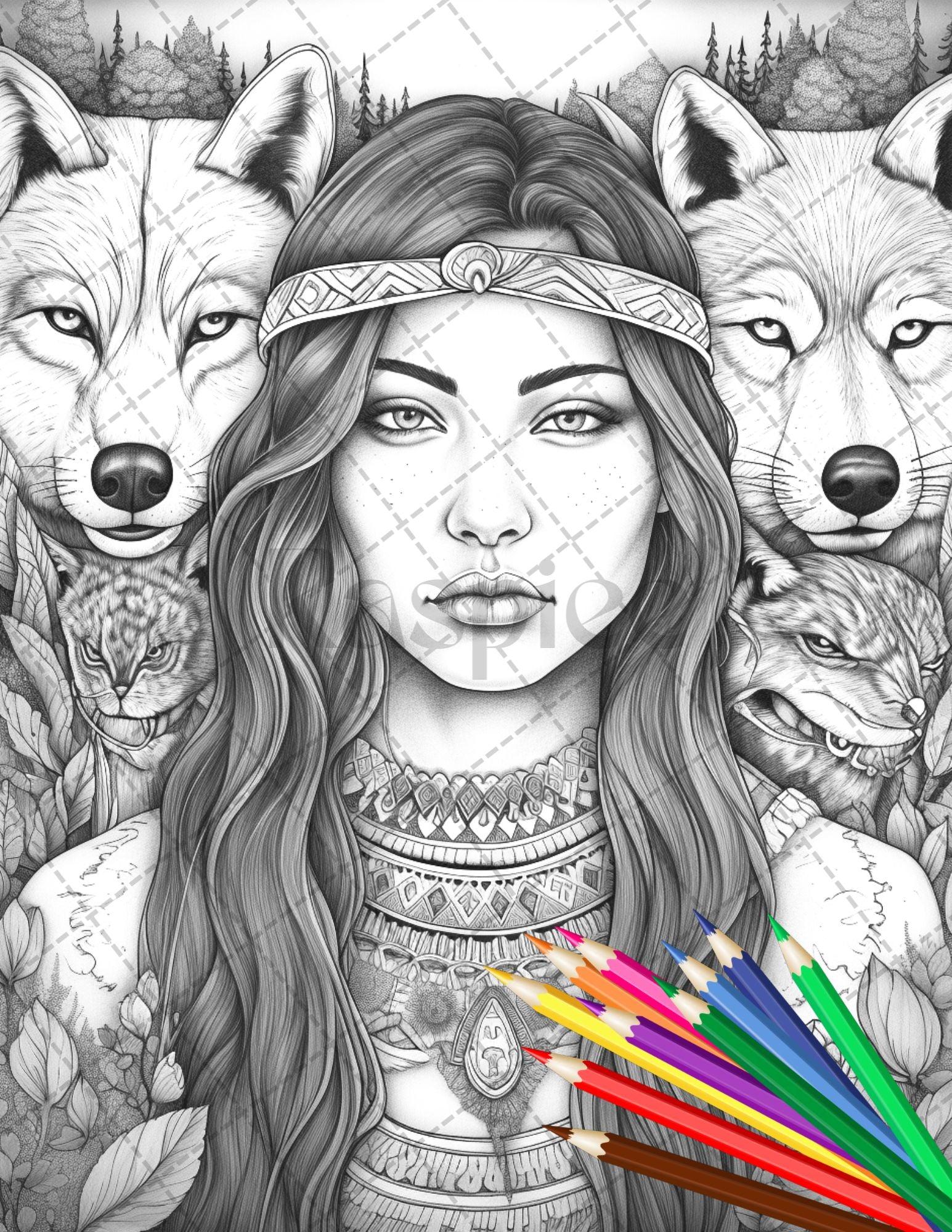 30 Native American Girls Printable Coloring Pages for Adult, Native American Culture Grayscale Coloring Book, Printable PDF File Download