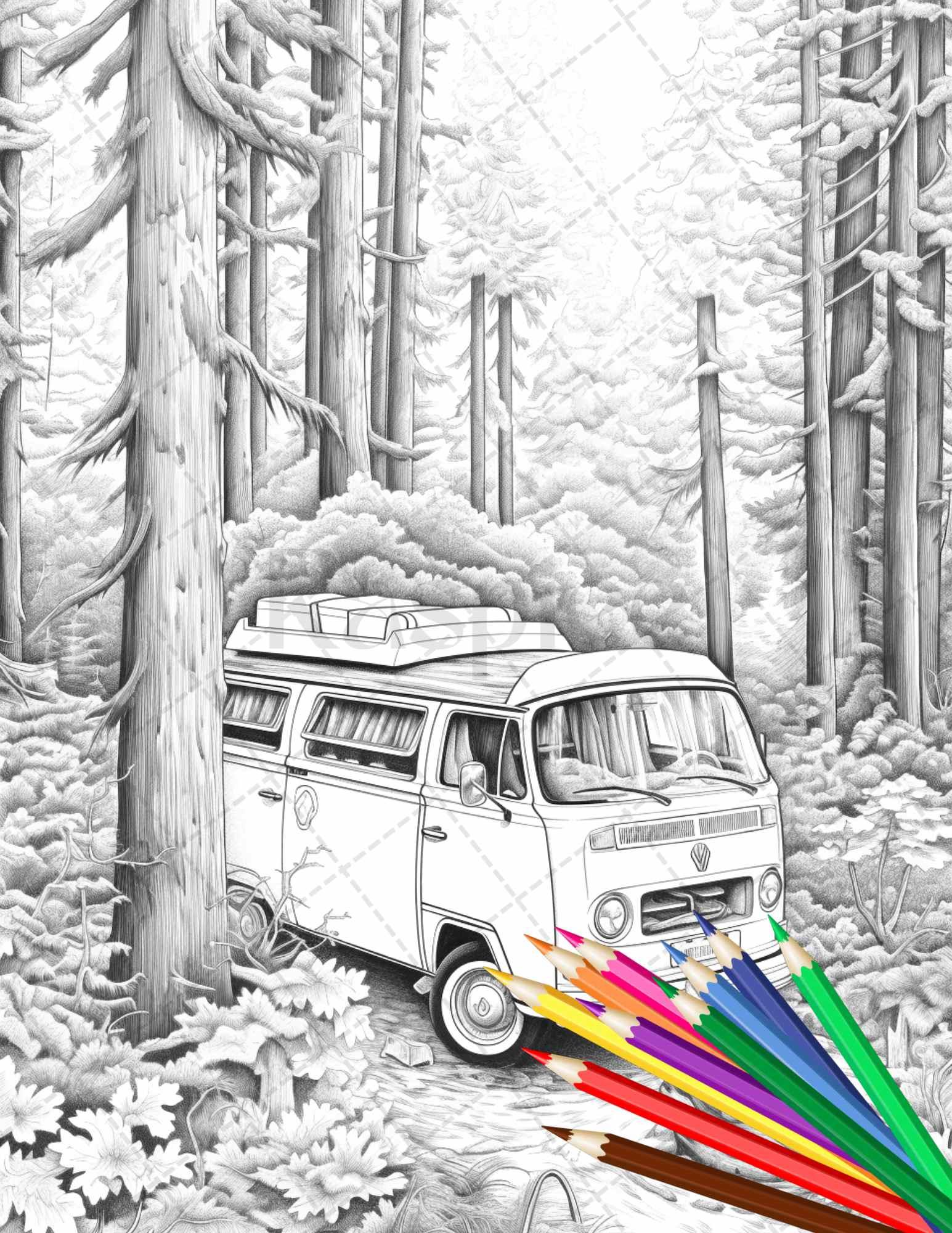 30 Campervan Adventure Grayscale Coloring Pages Printable for Adults, PDF File Instant Download