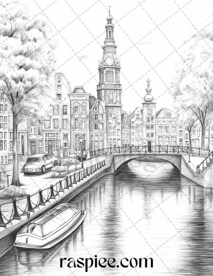 40 Beautiful Cities Travel Grayscale Coloring Pages Printable for Adults, PDF File Instant Download