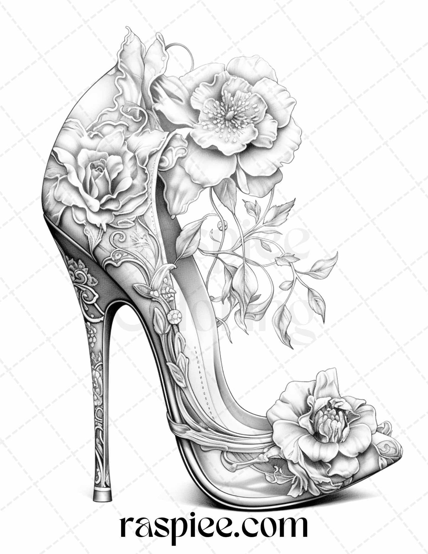 40 Flower Wedding Shoes Grayscale Coloring Pages Printable for Adults, PDF File Instant Download