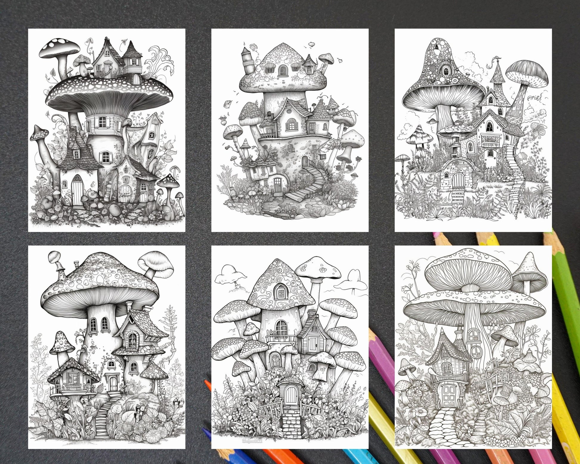 32 Whimsical Mushroom House Coloring Pages for Adults, Grayscale Coloring Book, Printable PDF File Download