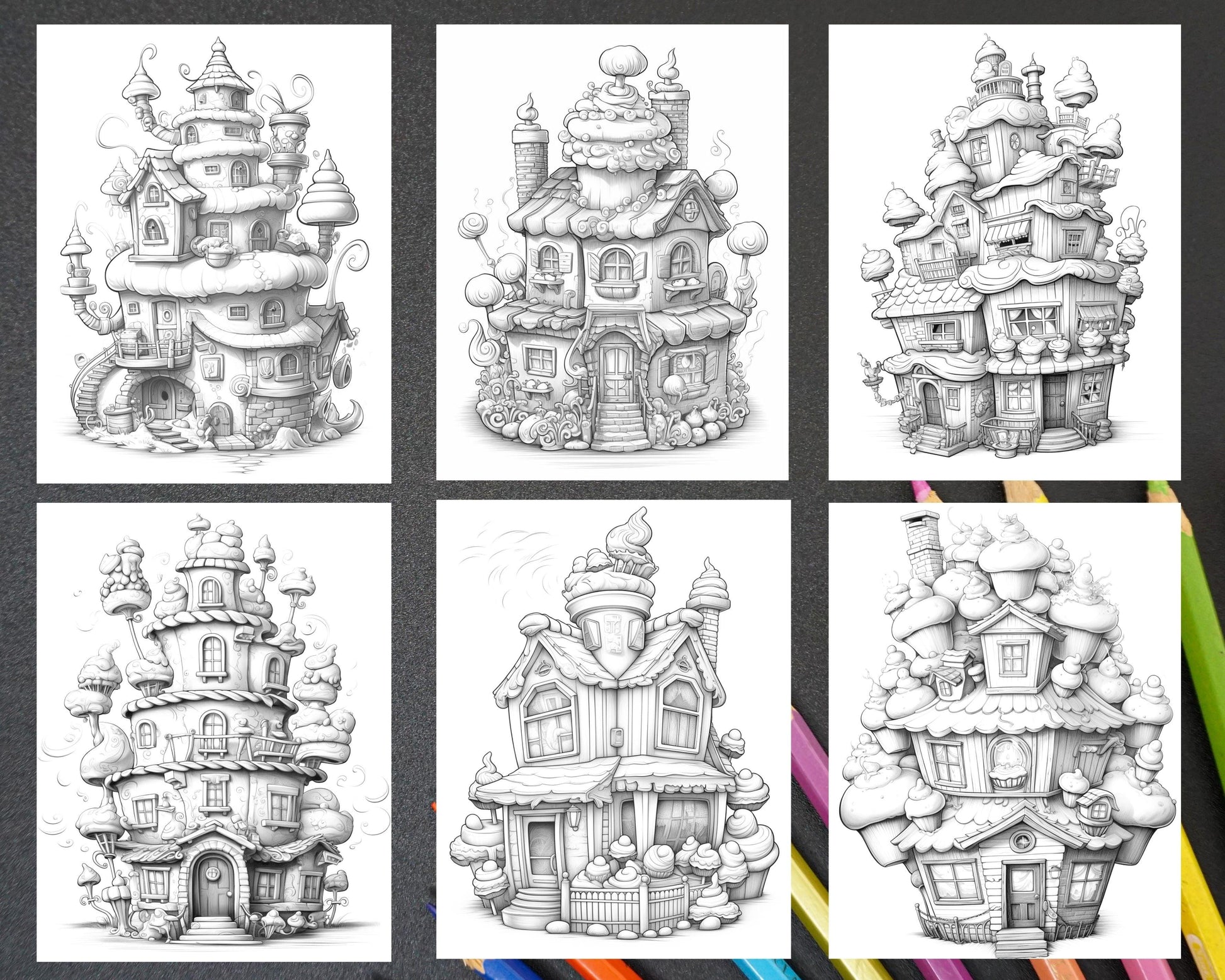 50 Adorable Cake Houses Grayscale Coloring Pages Printable for Adults and Kids, PDF File Instant Download