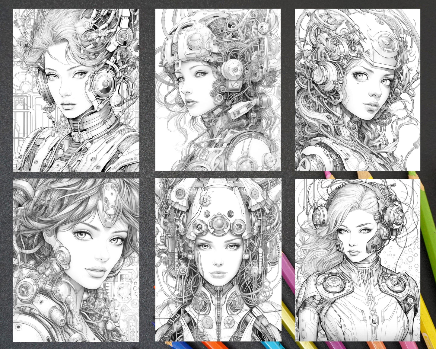 40 Beautiful Cyborg Girls Grayscale Coloring Pages Printable for Adults, PDF File Instant Download