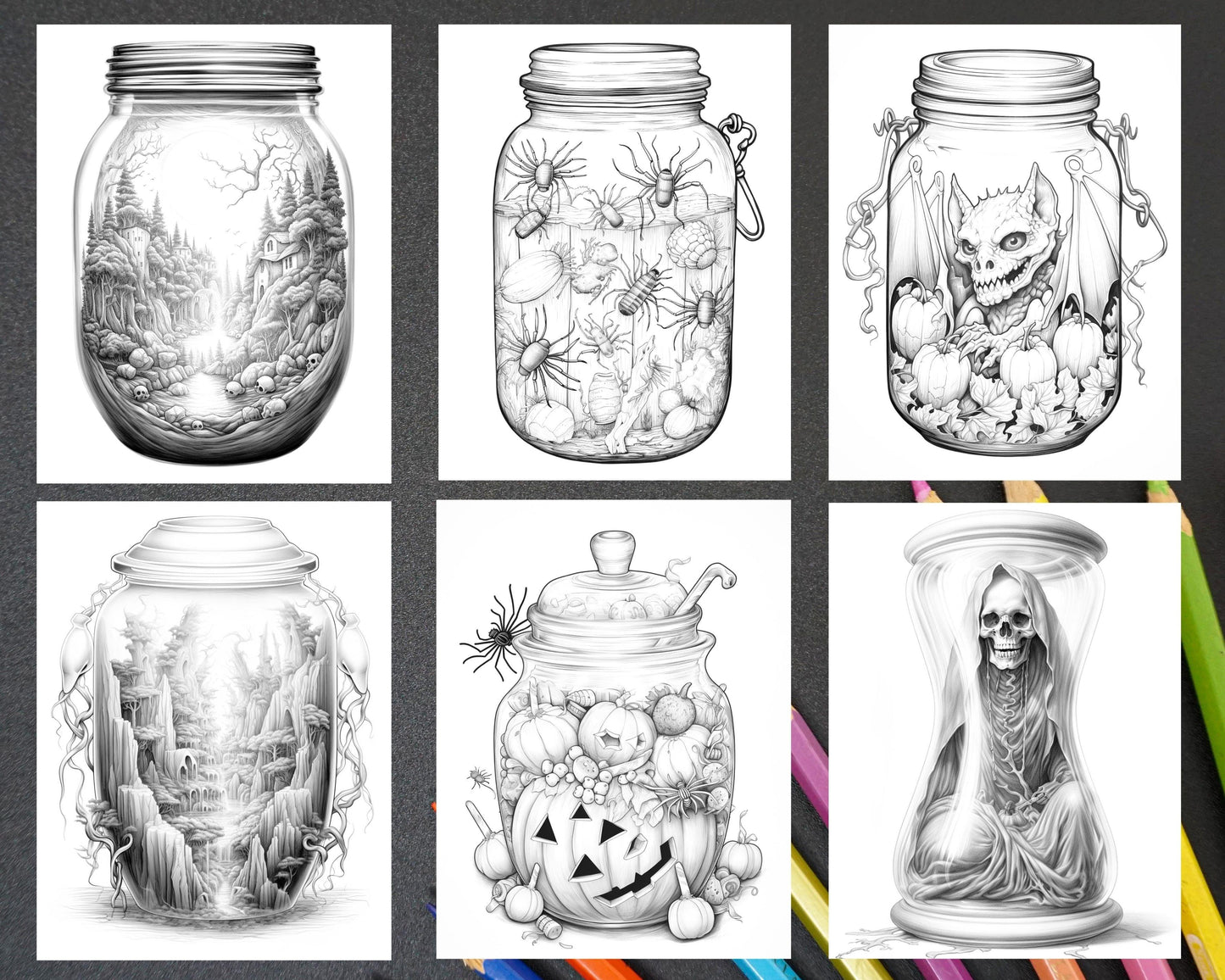 40 Halloween in Jar Grayscale Coloring Pages for Adults, Printable PDF File Instant Download