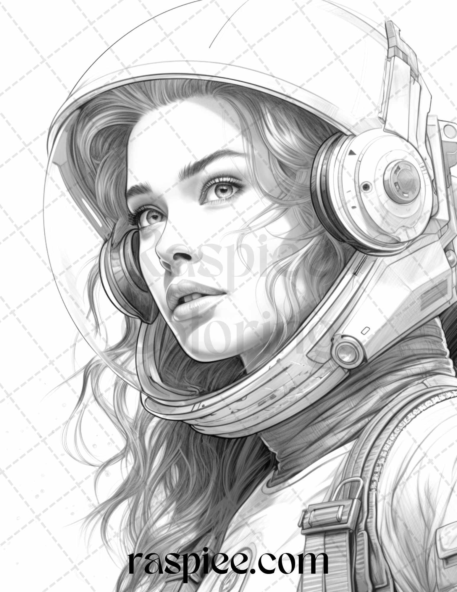 50 Astronaut Girl Portrait Grayscale Coloring Pages Printable for Adults, PDF File Instant Download