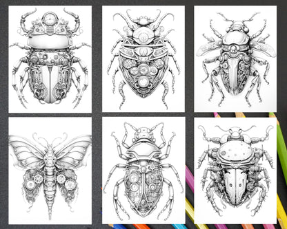 42 Steampunk Bugs Grayscale Coloring Pages Printable for Adults, PDF File Instant Download