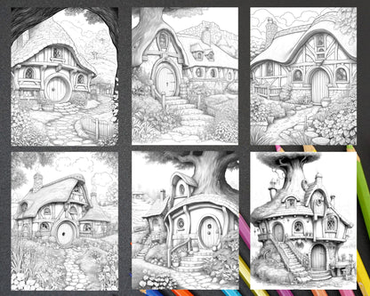 43 Enchanted Hobbiton Houses Grayscale Coloring Pages Printable for Adults, PDF File Instant Download