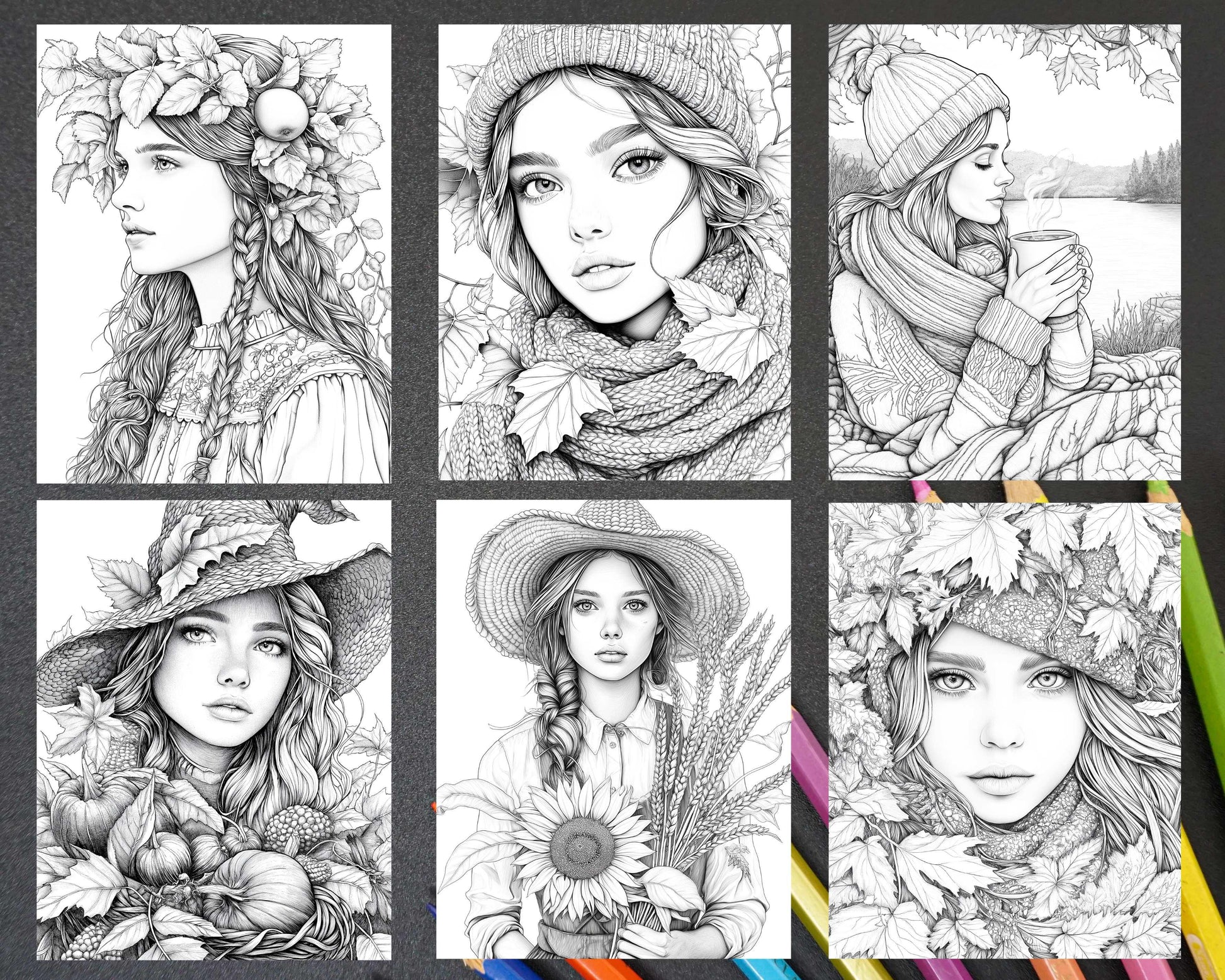 Autumn Beauties Portrait Adult Coloring Pages Printable PDF Instant Download