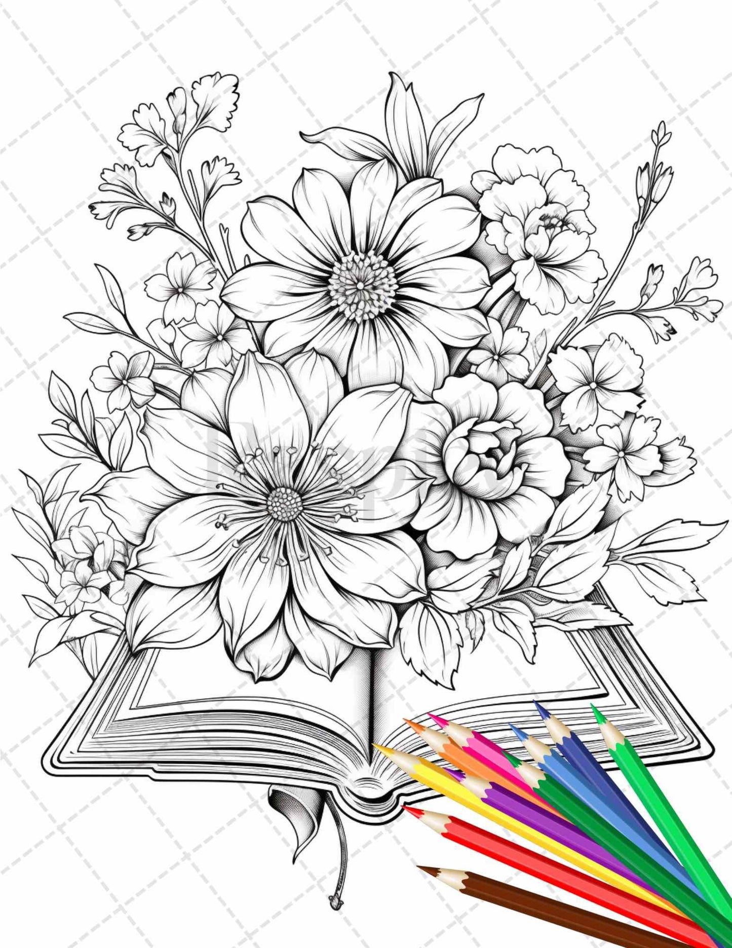 31 Book Flowers Coloring Pages Printable for Adults, Grayscale Coloring Page, PDF File Instant Download