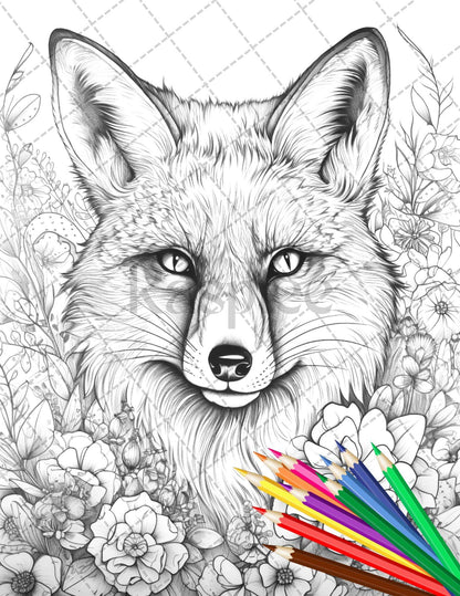 30 Animal Floral Printable Coloring Pages for Adults, Grayscale Coloring Book, Printable PDF File Download