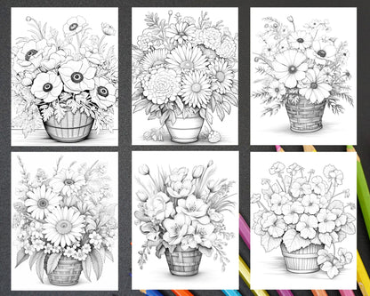 30 Flower Baskets Grayscale Coloring Pages for Adults, PDF File Instant Download