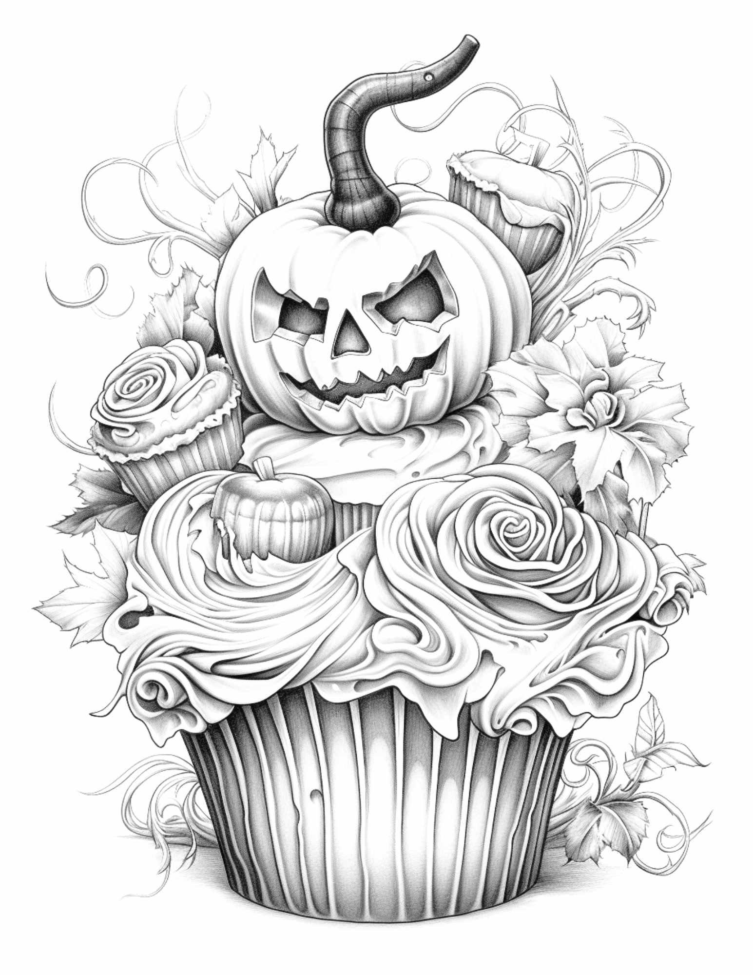 Free Halloween Spooky Cupcakes Grayscale Coloring Pages Printable for Adults Kids, PDF File Instant Download