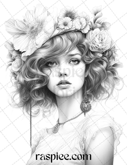 40 Beautiful Gatsby Girls Grayscale Coloring Pages Printable for Adults, PDF File Instant Download