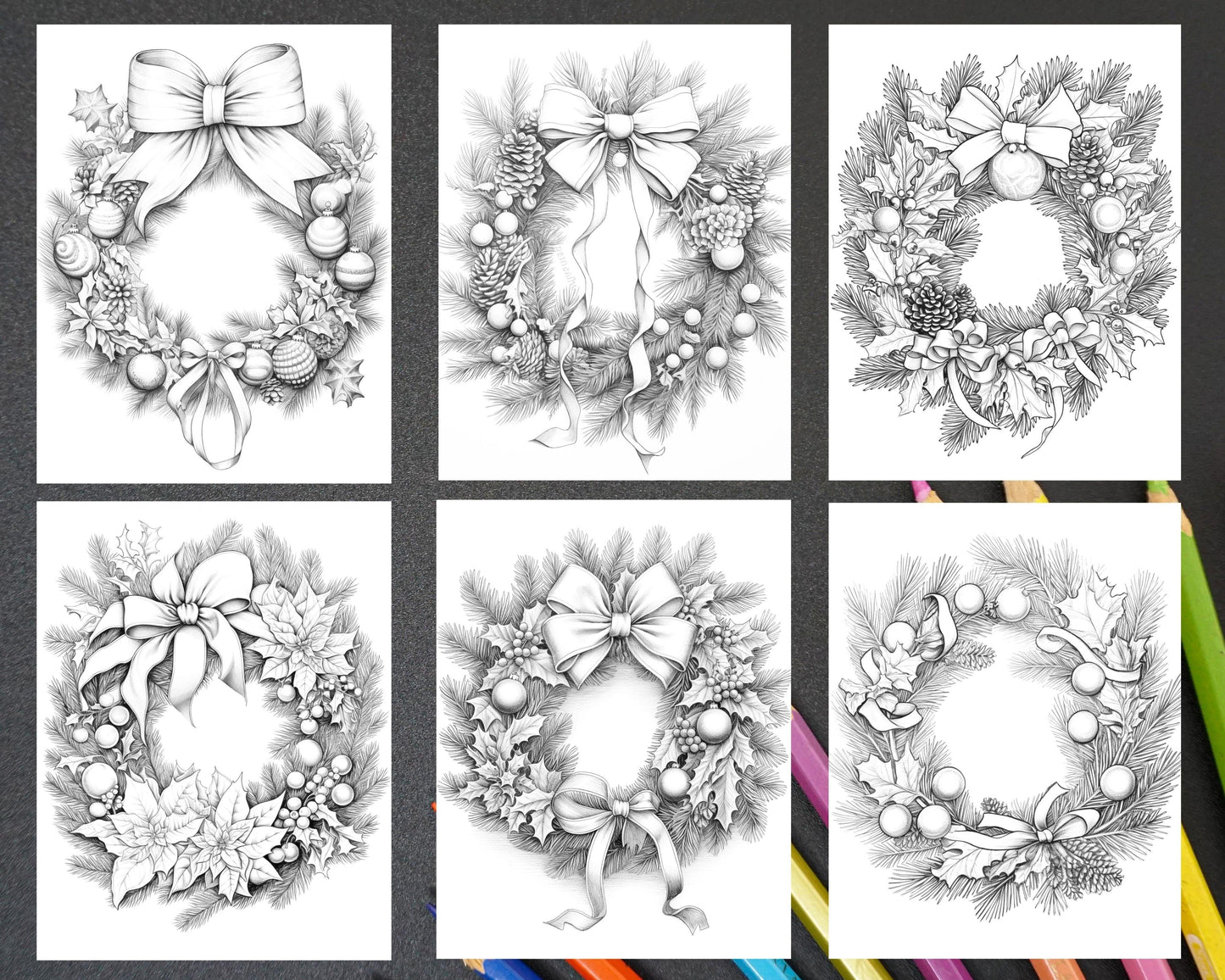 40 Christmas Wreath Grayscale Coloring Pages Printable for Adults, PDF File Instant Download