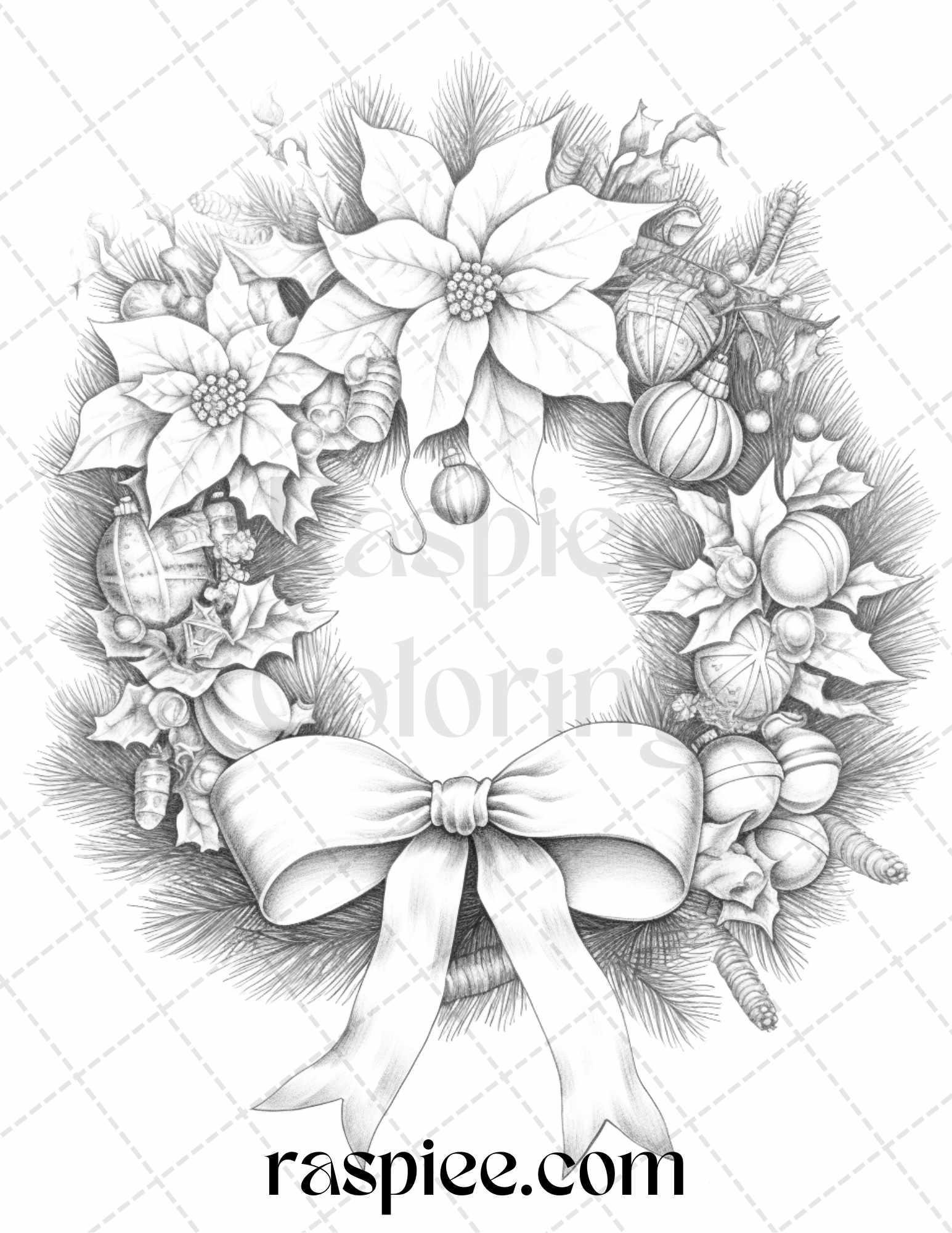 40 Christmas Wreath Grayscale Coloring Pages Printable for Adults, PDF File Instant Download