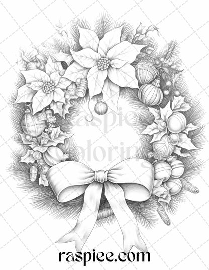 40 Christmas Wreath Grayscale Coloring Pages Printable for Adults, PDF File Instant Download