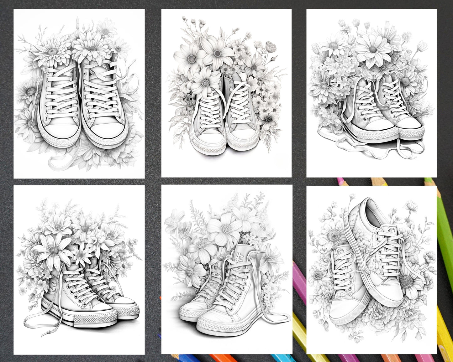 40 Flower Sneakers Grayscale Coloring Pages Printable for Adults, PDF File Instant Download