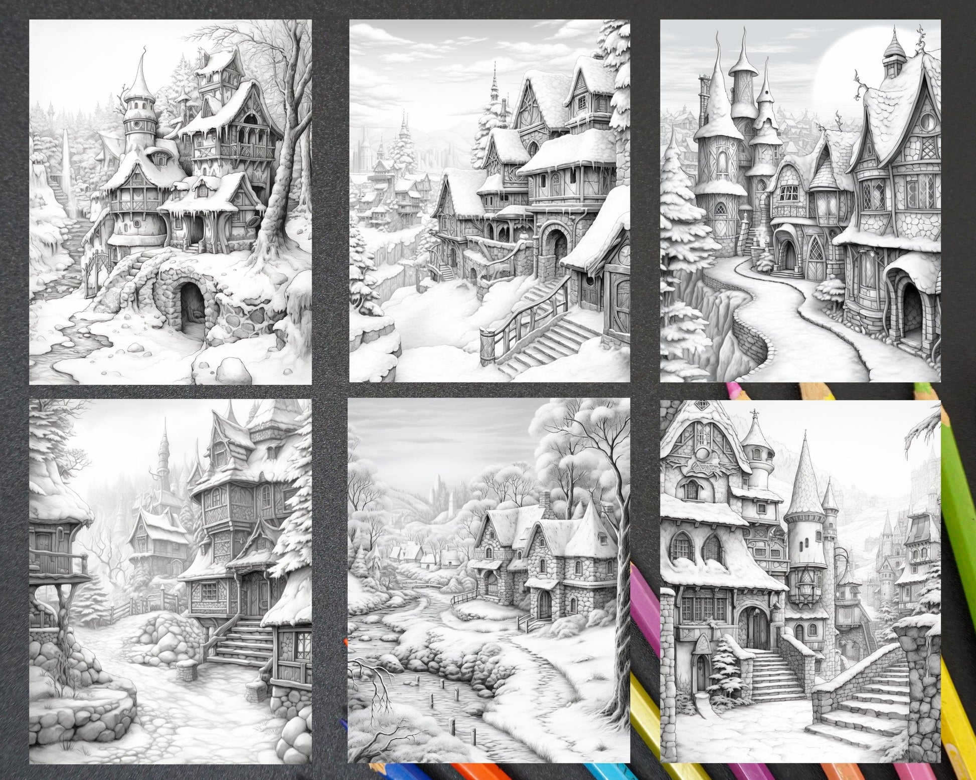 40 Fantasy Winter Village Grayscale Coloring Pages for Adults, PDF File Instant Download