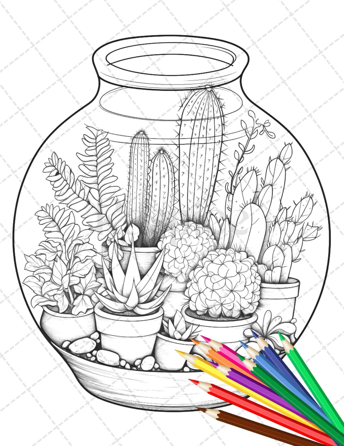 34 Enchanted Terrarium Grayscale Coloring Pages Printable for Adults, PDF File Instant Download