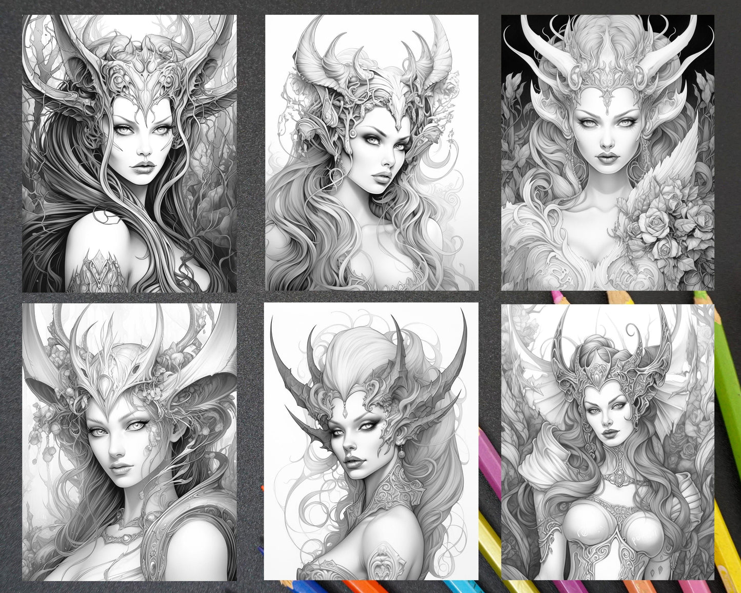 40 Dark Evil Fairy Grayscale Coloring Pages Printable for Adults, PDF File Instant Download