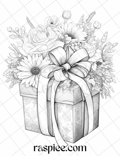 40 Flower Gift Box Grayscale Coloring Pages Printable for Adults Kids, PDF File Instant Download