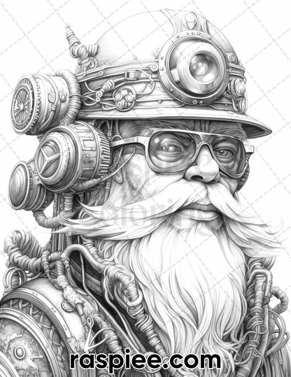 50 Steampunk Santa Claus Grayscale Coloring Pages for Adults, Printable PDF Instant Download