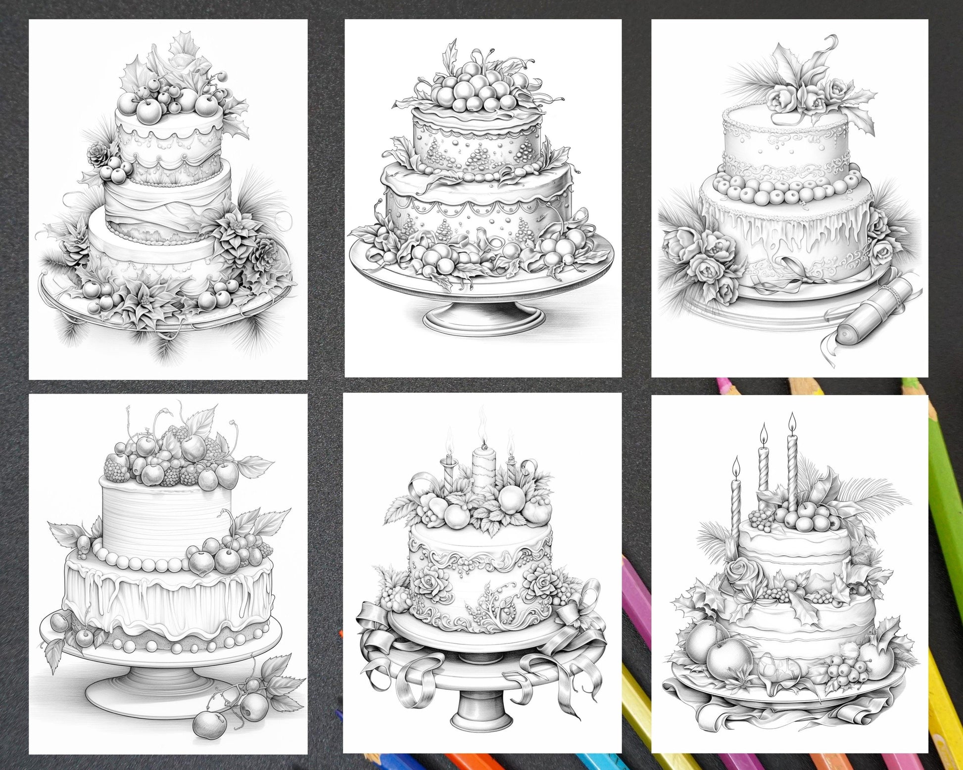 45 Christmas Cakes Grayscale Coloring Pages for Adults, Printable PDF File Instant Download