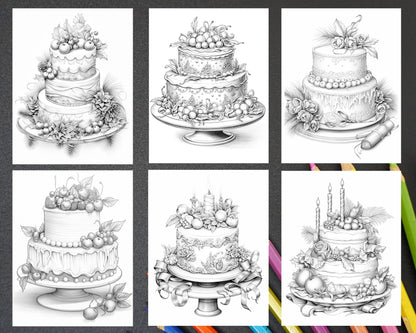 45 Christmas Cakes Grayscale Coloring Pages for Adults, Printable PDF File Instant Download