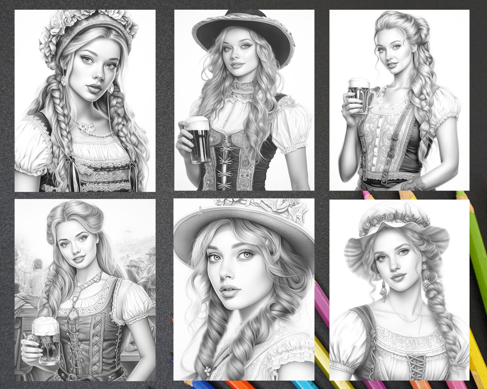 50 Oktoberfest Girls Grayscale Coloring Pages for Adults, Printable PDF Instant Download