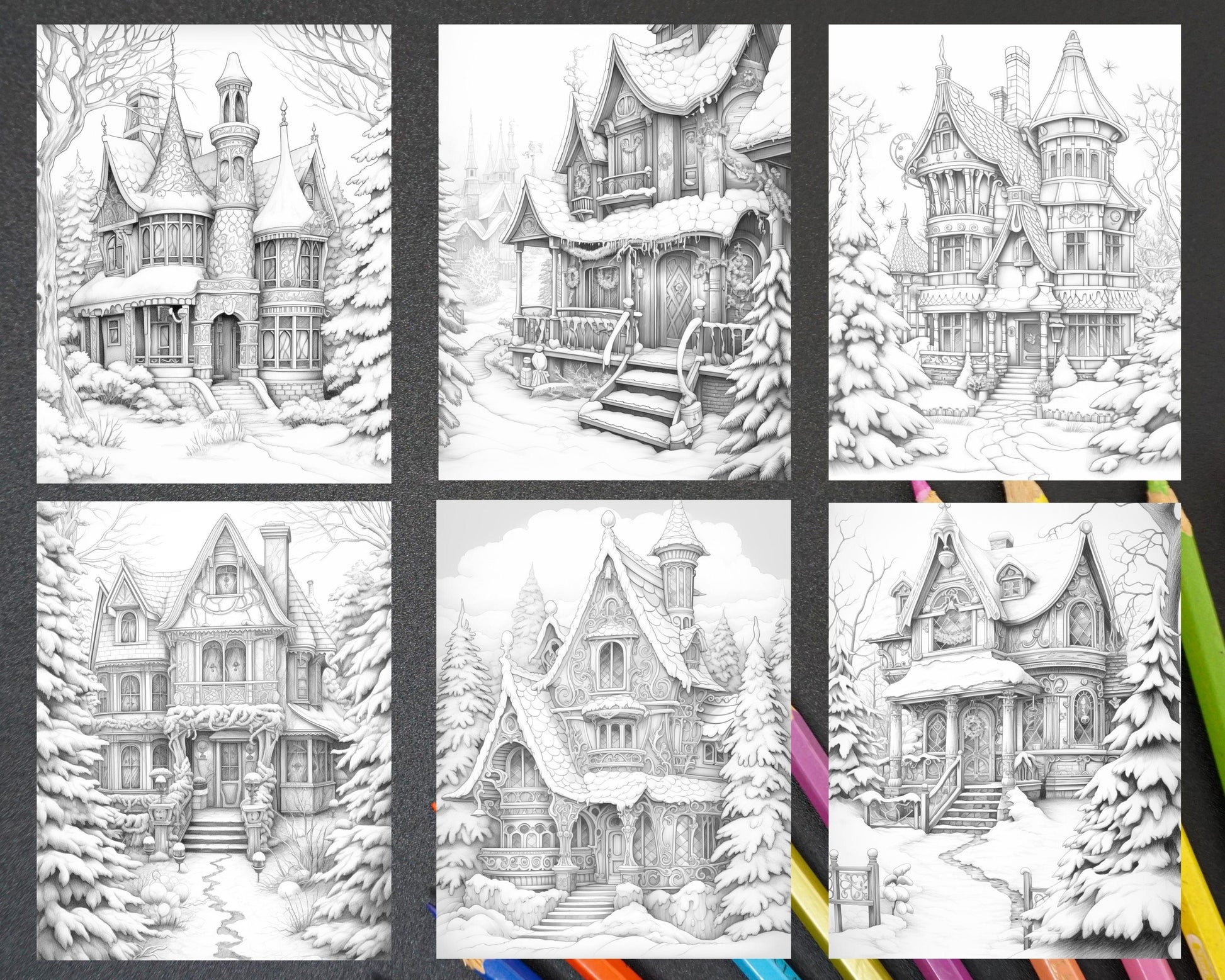 42 Fantasy Christmas Houses Grayscale Coloring Pages Printable for Adults, PDF File Instant Download