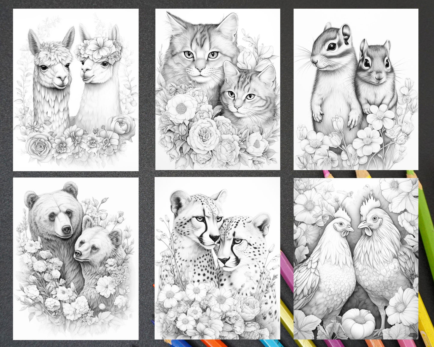 40 Floral Animal Couple Grayscale Coloring Pages for Adults, Printable PDF Instant Download