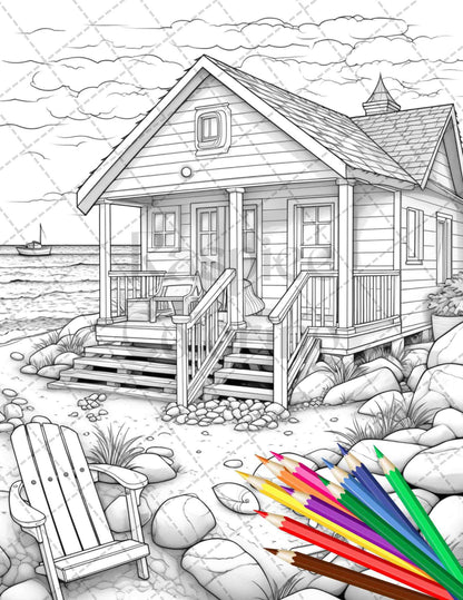 42 Wooden Beach Houses Grayscale Coloring Pages Printable for Adults, PDF File Instant Download