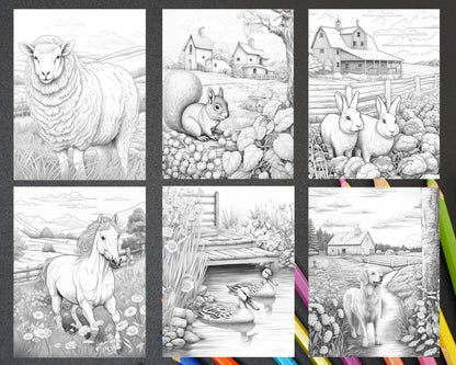 40 Farmstead Serenity Grayscale Coloring Pages Printable for Adults, PDF File Instant Download