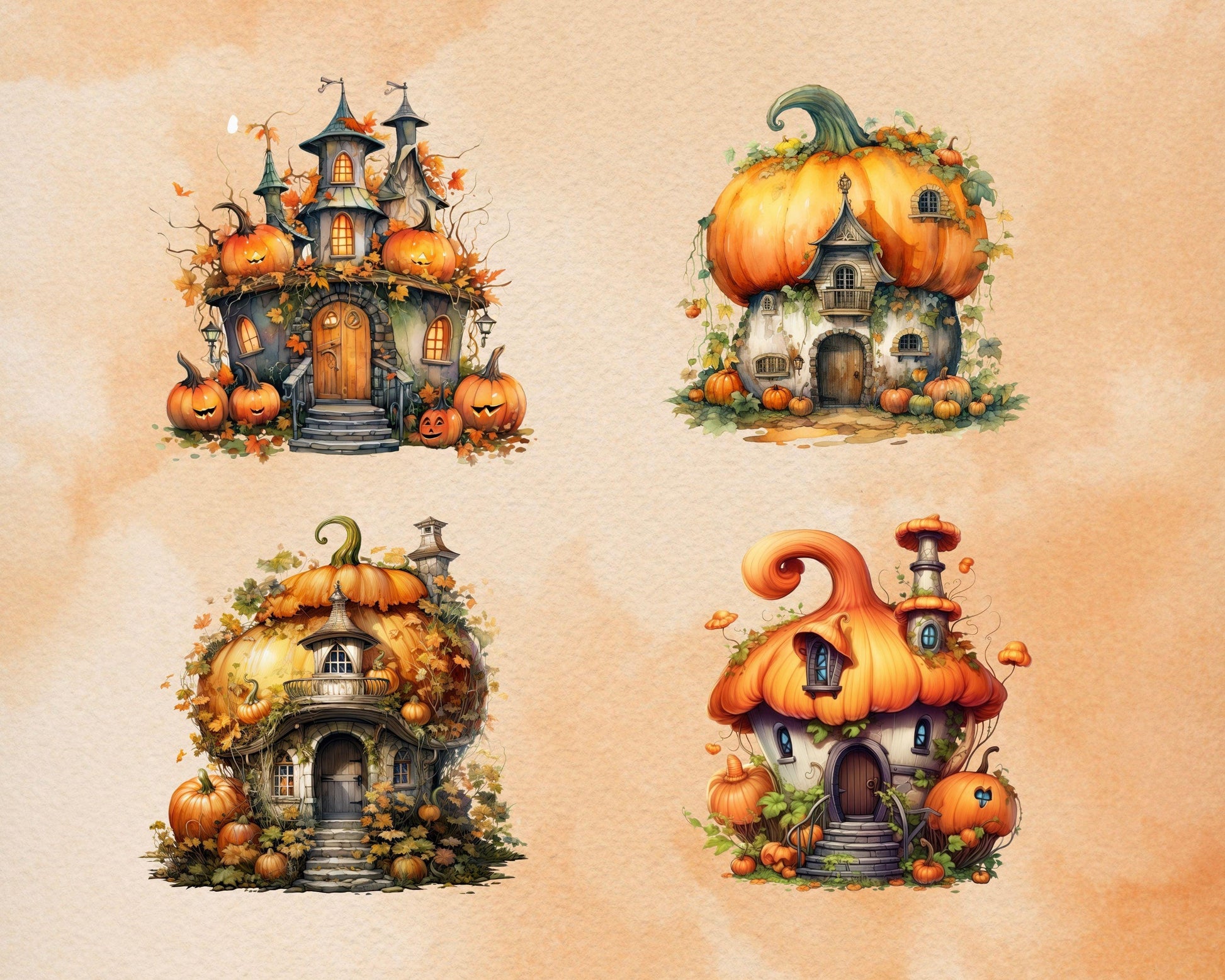 44 PNG Watercolor Pumpkin Fairy House Clipart, Autumn Halloween Illustrations