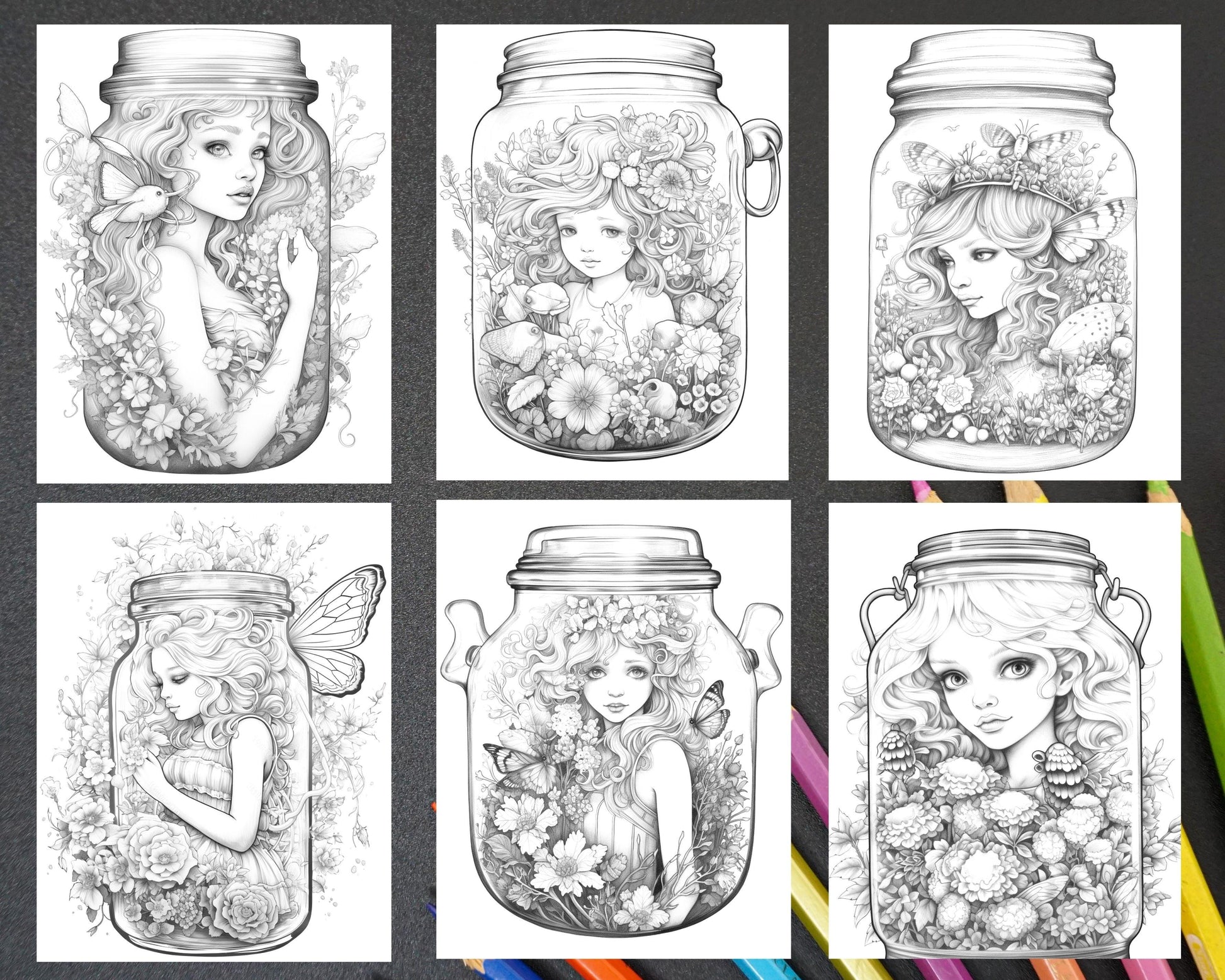 40 Beautiful Fairies in Jar Grayscale Coloring Pages Printable for Adults, PDF File Instant Download