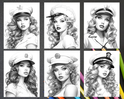 40 Sailor Pin Up Girls Grayscale Coloring Pages Printable for Adults, PDF File Instant Download