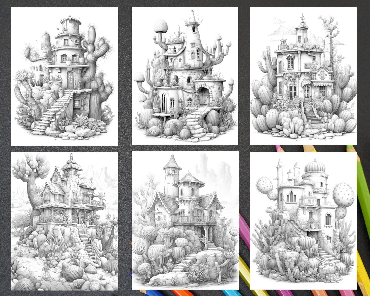 46 Fantasy Cactus Houses Grayscale Coloring Pages Printable for Adults, PDF File Instant Download