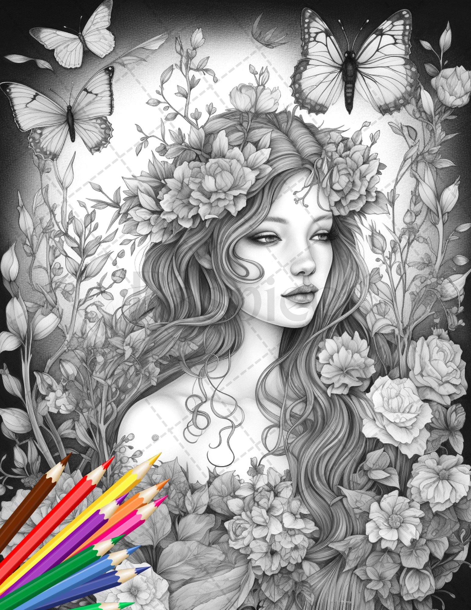 30 Beautiful Fairies Coloring Page Book for Adults, Flower Fairy Grayscale Coloring Book, Fairy Coloring Sheets, Printable PDF File Download