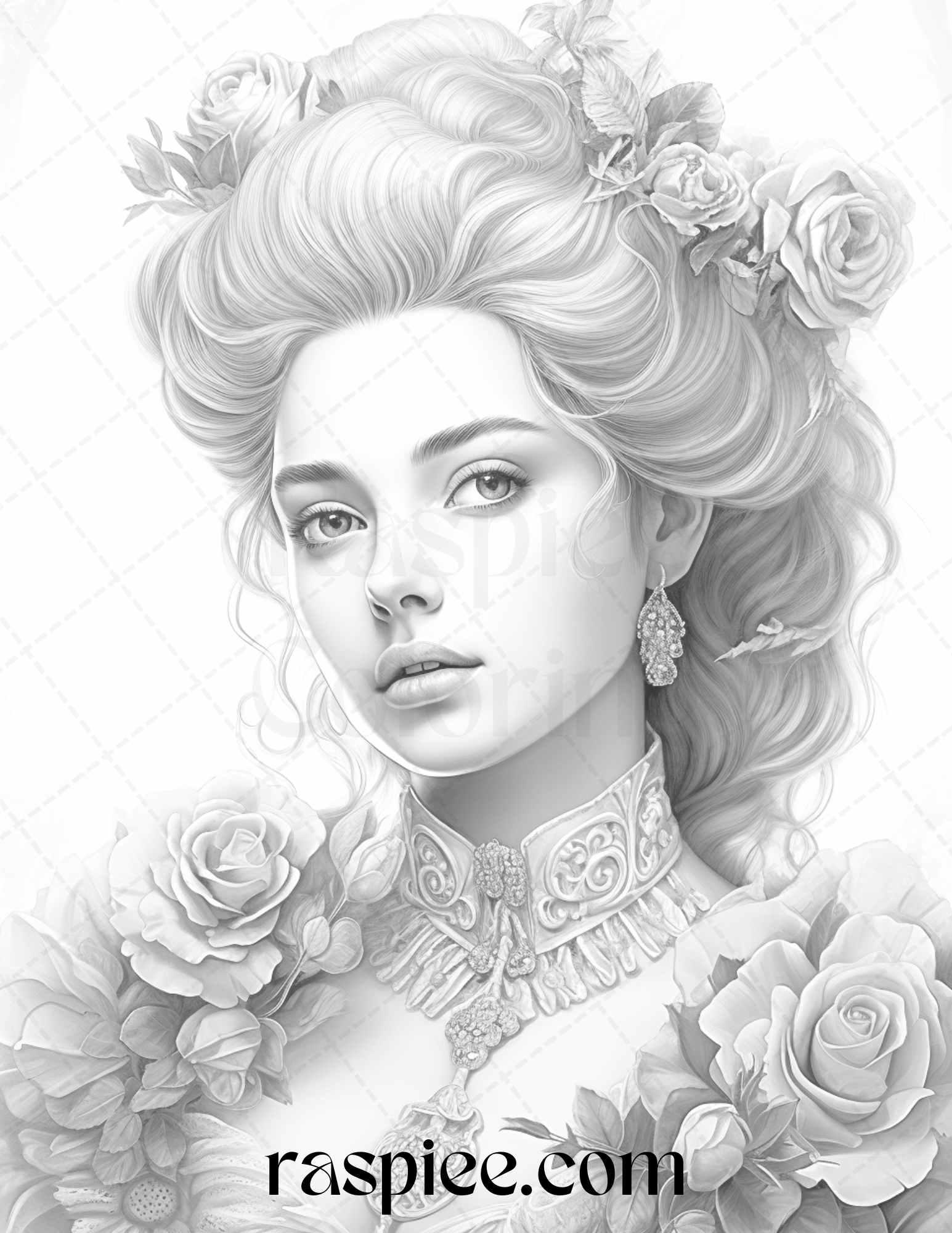 40 Baroque Women Portrait Grayscale Adult Coloring Pages Printable, PDF File Instant Download