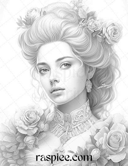 40 Baroque Women Portrait Grayscale Adult Coloring Pages Printable, PDF File Instant Download