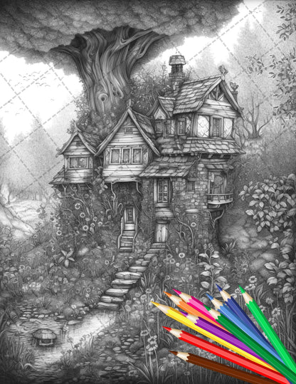 30 Fantasy Fairy Houses Coloring Page Book, Printable Adult Coloring Pages, Enchanted Fairy Home Grayscale Coloring Book, Printable PDF File