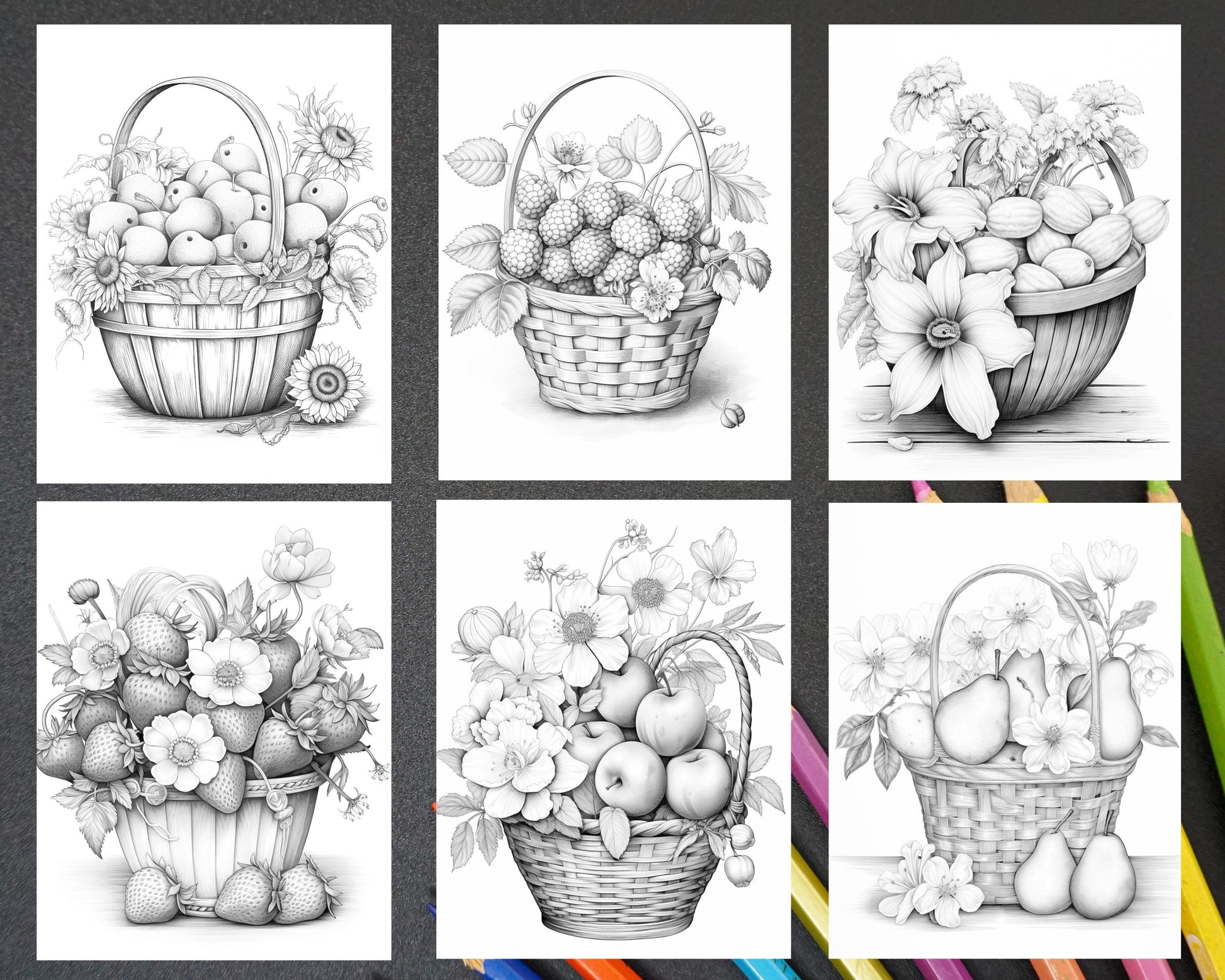 40 Fruit Basket Grayscale Coloring Pages Printable for Adults, PDF File Instant Download