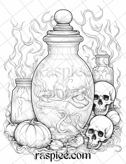 40 Mystical Magic Potions Grayscale Coloring Pages Printable for Adults, PDF File Instant Download