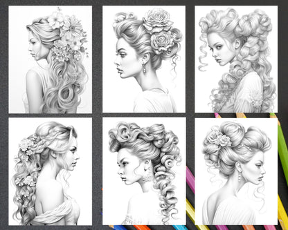 43 Beautiful Hairstyles Grayscale Coloring Pages Printable for Adults, PDF File Instant Download