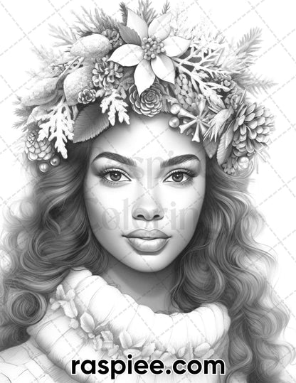 50 Christmas Black Beauties Portrait Grayscale Coloring Pages for Adults, Printable PDF Instant Download