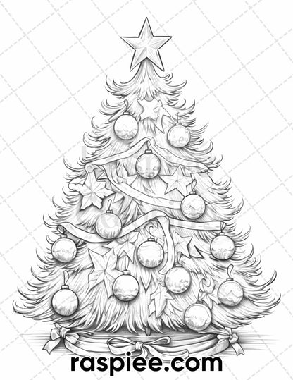 40 Christmas Tree Grayscale Coloring Pages for Adults, Printable PDF Instant Download