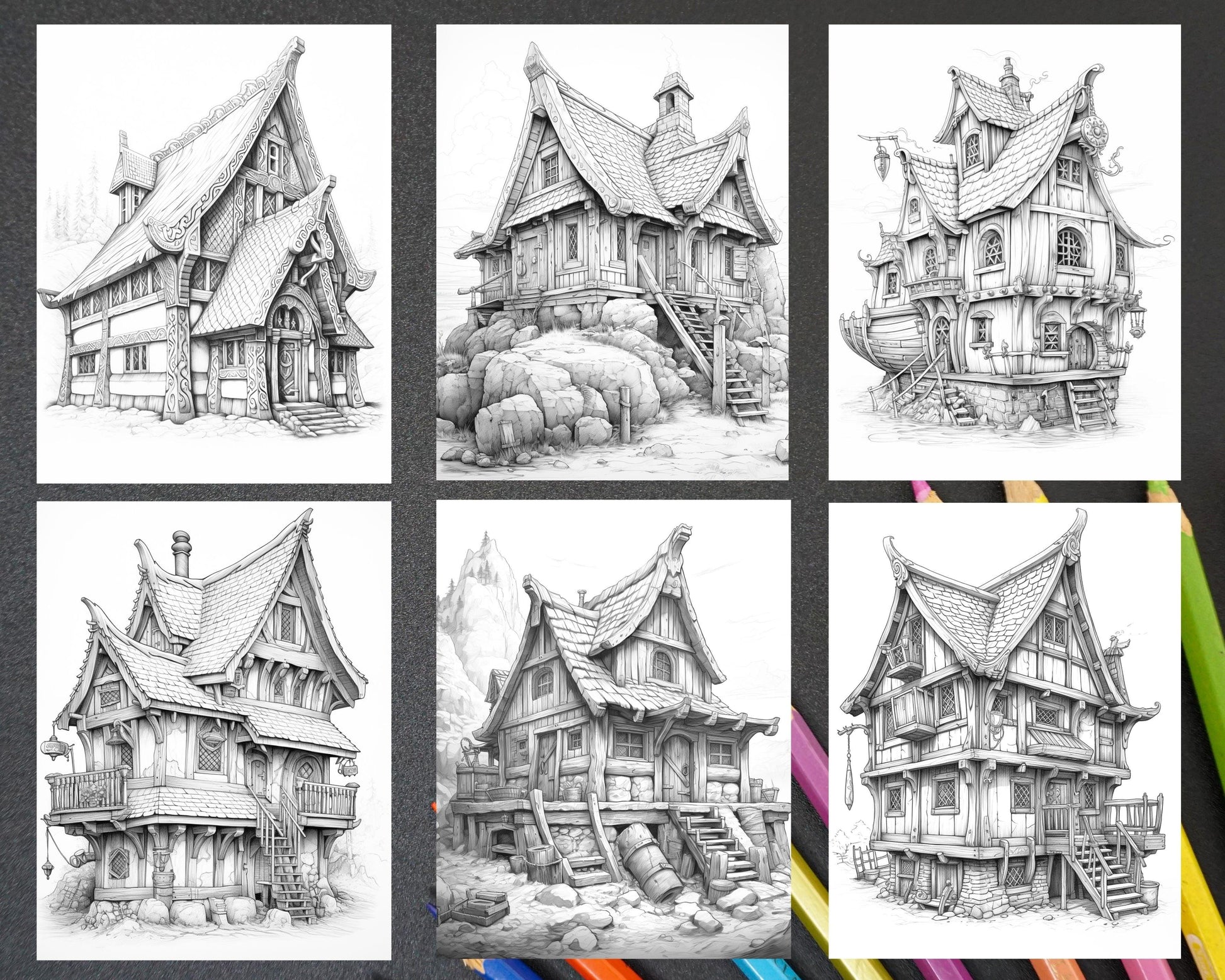 40 Viking Houses Grayscale Coloring Pages Printable for Adults, PDF File Instant Download