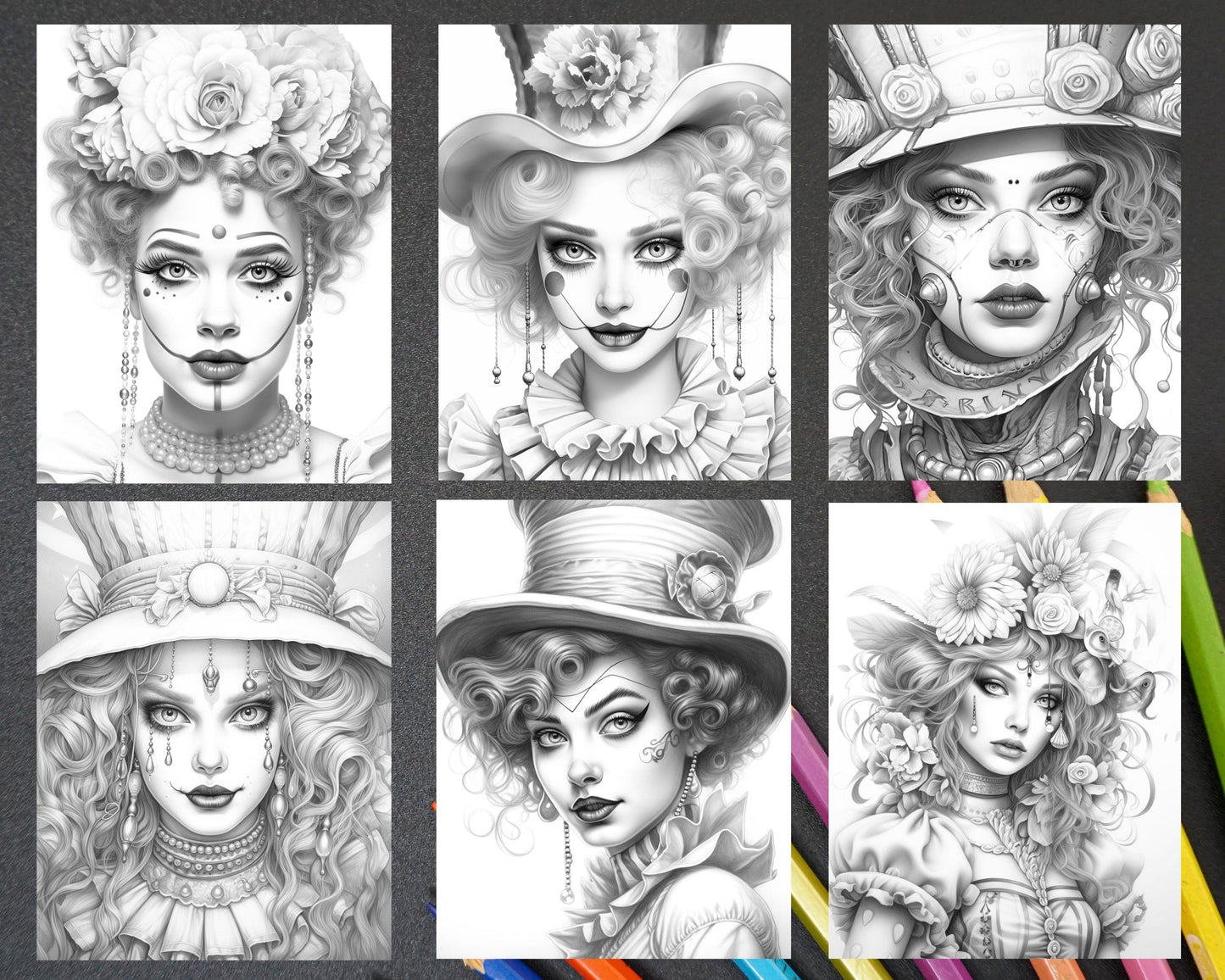 42 Beautiful Clown Girls Grayscale Coloring Pages Printable for Adults, PDF File Instant Download