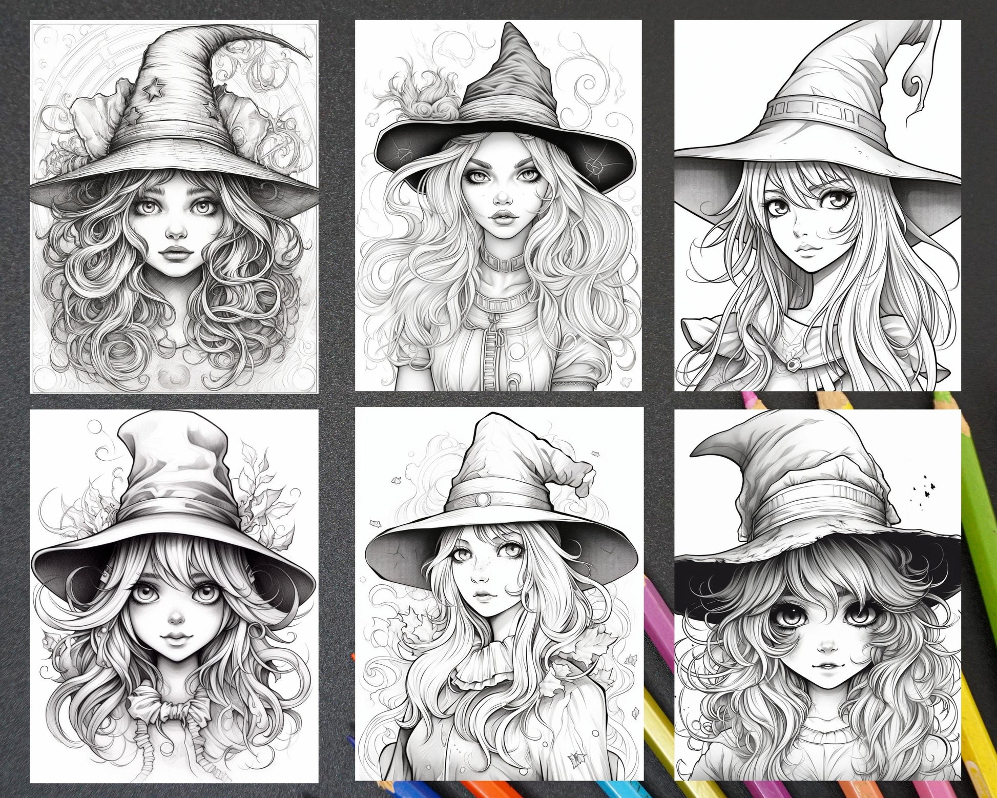 40 Cute Witches Coloring Pages Printable for Adults, Grayscale Coloring Page, PDF File Instant Download