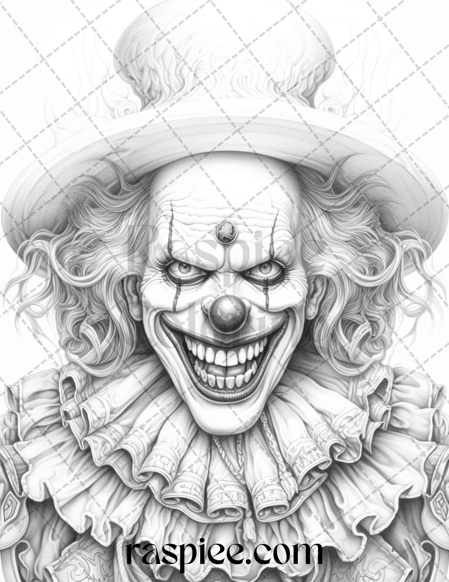 40 Spooky Clowns Grayscale Coloring Pages Printable for Adults, PDF File Instant Download